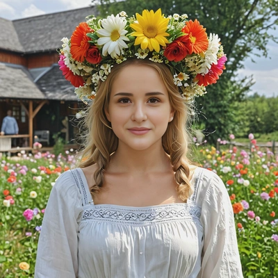 as Dani Ardor from Midsommar, in traditional clothes, an oversized flower-crown 