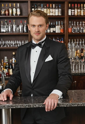 wearing a classic tuxedo, leaning against a bar counter at a sophisticated cocktail party, with ambient jazz music in the background, half body portrait 