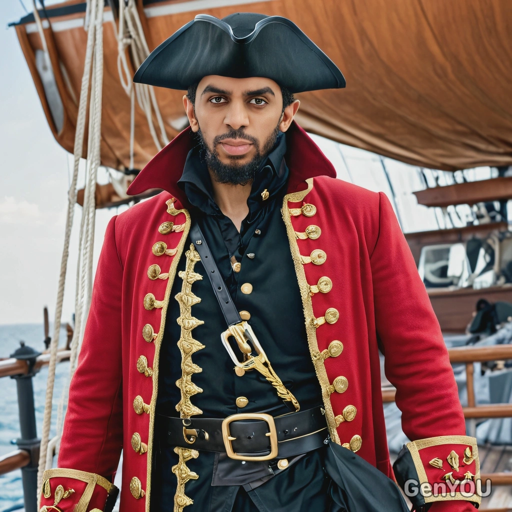 As Captain Hook, wearing a red pirate coat and black hat, standing on the deck of a ship