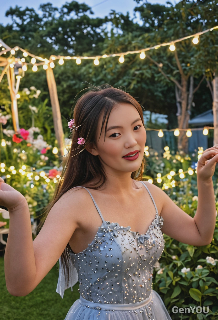 dancing under twinkling fairy lights at an outdoor garden party