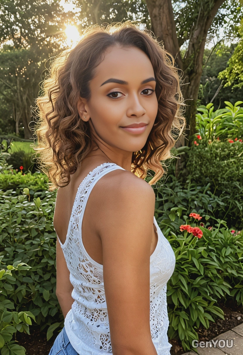 mid-shot, with soft ringlets, wearing a lacey tank top, at the golden hour in a botanical garden