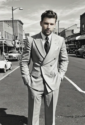 in a 1930s gangster-style suit, standing on a city street corner, with a black and white filter