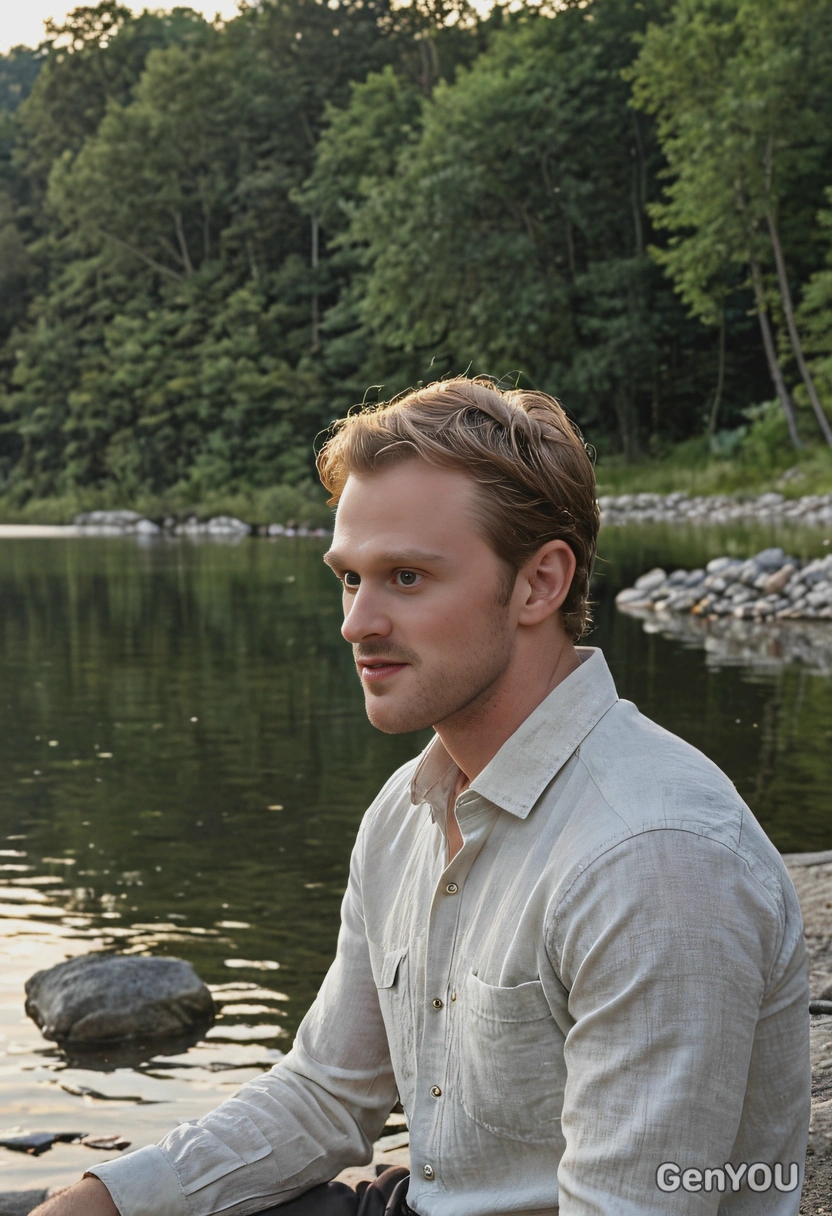 as a man in a casual linen shirt, sitting by a lake at twilight, skipping stones across the water, with the last light of the day reflecting in his eyes
