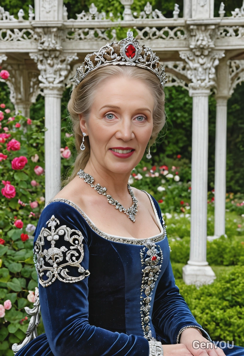 as a queen in a medieval-style velvet gown, crowned with a silver tiara, seated in a garden pavilion surrounded by blooming roses and ornate sculptures, close up photo