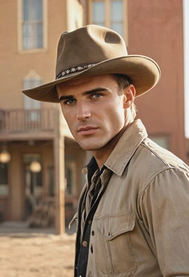 Golden Hollywood era, classic 50s western movie star, blurry wild west setting on the background, golden hour, soft shadows