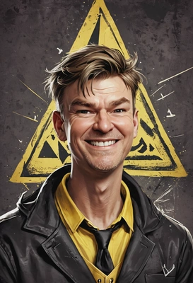 as human Bill Cipher, smiling crazily, winking, triangle signs around, high-quality stylized art, visible brushstrokes