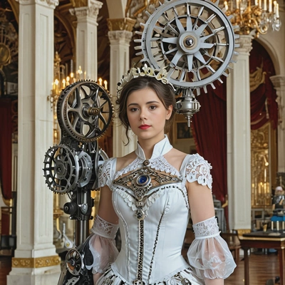as a mechanized noblewoman, wearing an elegant dress with metallic accents and a mechanical fan, standing in an opulent ballroom with chandeliers made of gears and cogs