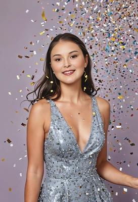 A party guest in a glamorous gown with confetti falling around 