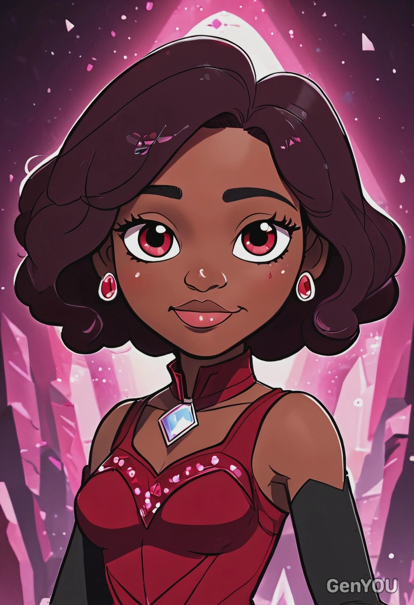Hand-drawn flat cartoon style, Garnet from Steven Universe, hero suite, bold outlines, oversized cartoon big sparkling eyes, gem glow lighting, waist-up portrait, Crystal Temple background