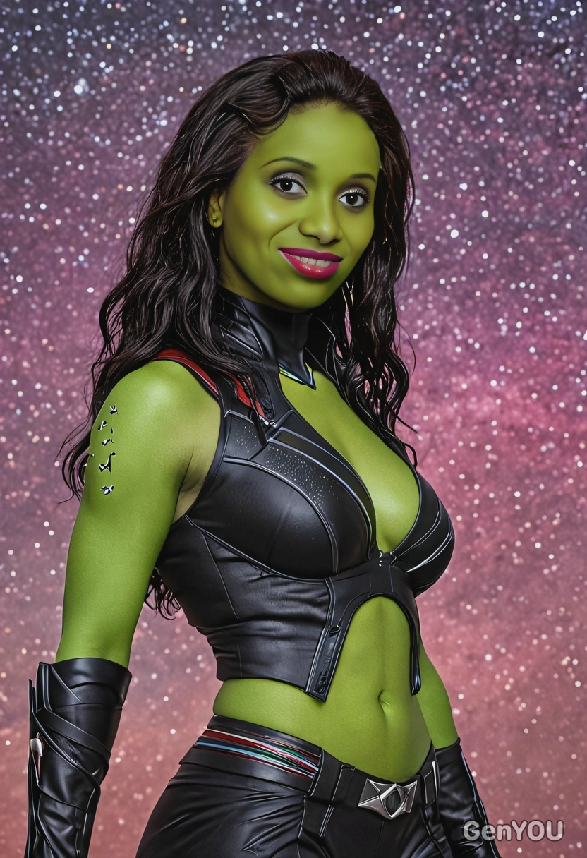 Gamora, in front of a starry backdrop