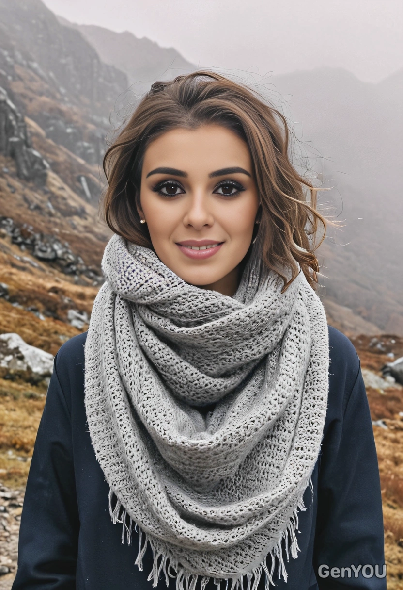 mid-shot, with a tousled brunette lob, wearing a chunky scarf, in a misty mountainous area