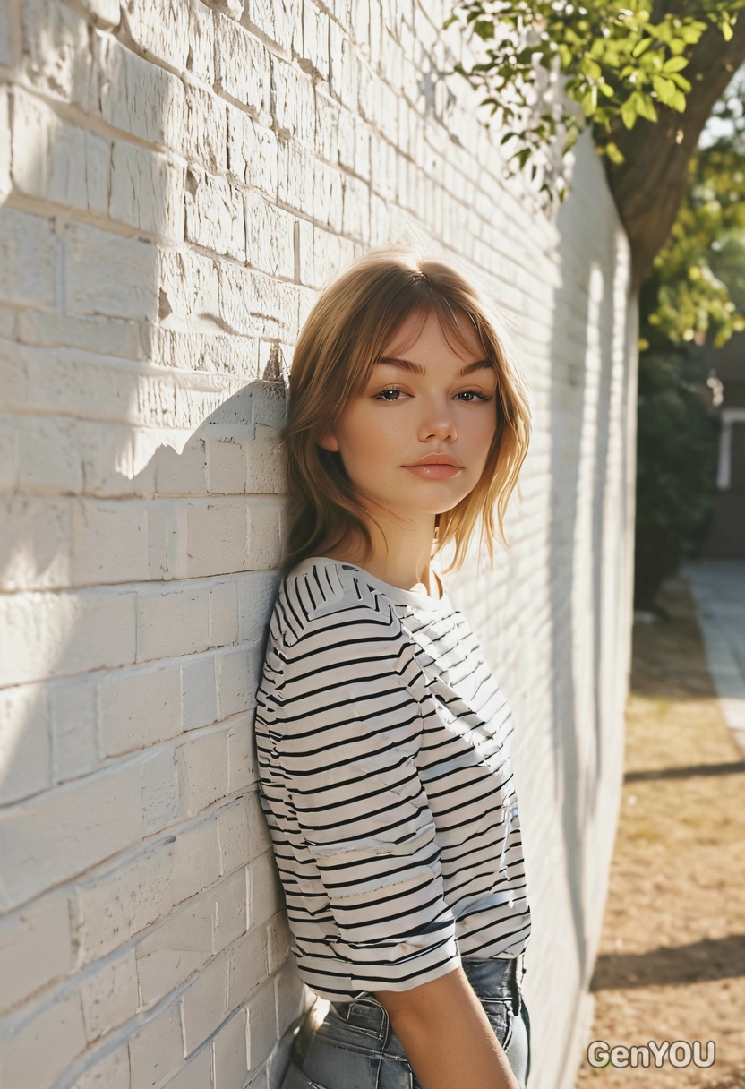 leans against a white brick wall, wearing a pastel striped top, natural sunlight, long shadows, blurry tree on the background