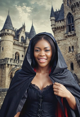 a mysterious vampire with a flowing cape and long sharp fangs, blurred background, paper castle