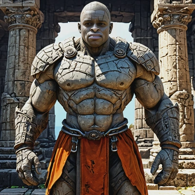 As a stone golem, standing in a ruined temple, looking directly at you, vivid colors, symmetrical clothing details, video game style, high-quality stylized art