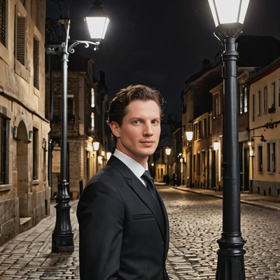 as a man in a classic black suit, standing under a streetlight on a quiet cobblestone road,contemplative look, half body portrait