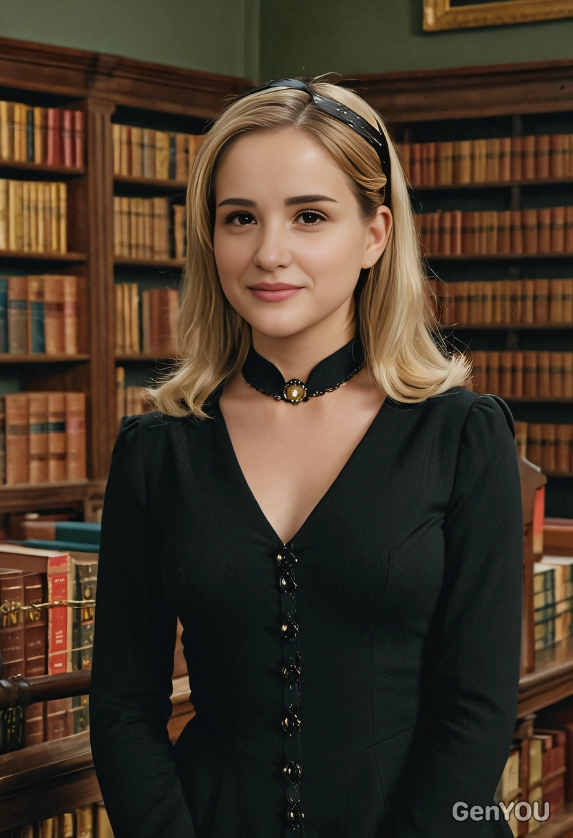 as Sabrina Spellman in a dark, enchanting ensemble, in the library of the Academy of Unseen Arts, mid-shot 
