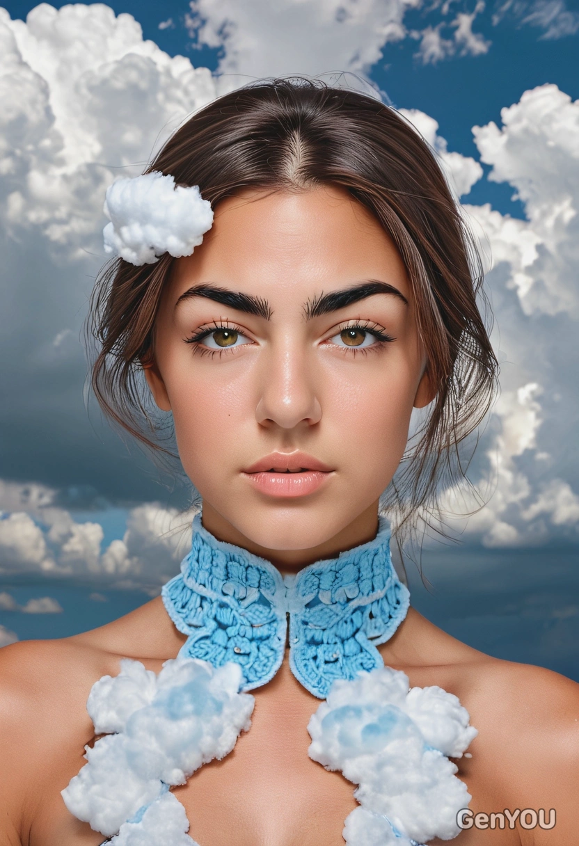 wearing makeup inspired by clouds, symmetrical details, professional photoshoot