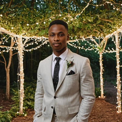 As a groom in a casual linen suit, standing under a canopy of twinkling fairy lights at an intimate forest wedding