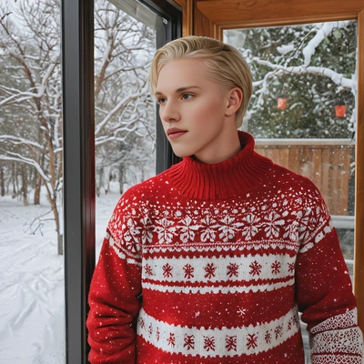 dressed in a red holiday sweater, standing at a snow-covered window, looking out at a winter scene with soft lights glowing inside