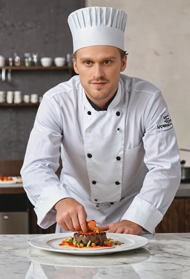 A chef proudly presenting a beautifully plated gourmet dish, blurred background, professional photoshoot
