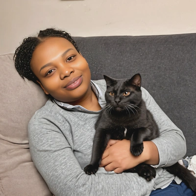 with a british shorthair cat purring on her lap 