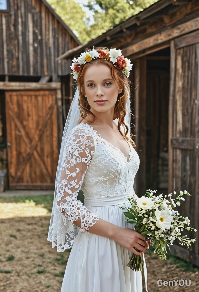 as the bride in a bohemian wedding dress with flowing sleeves and a flower crown, surrounded by a rustic barn setting, close up photo