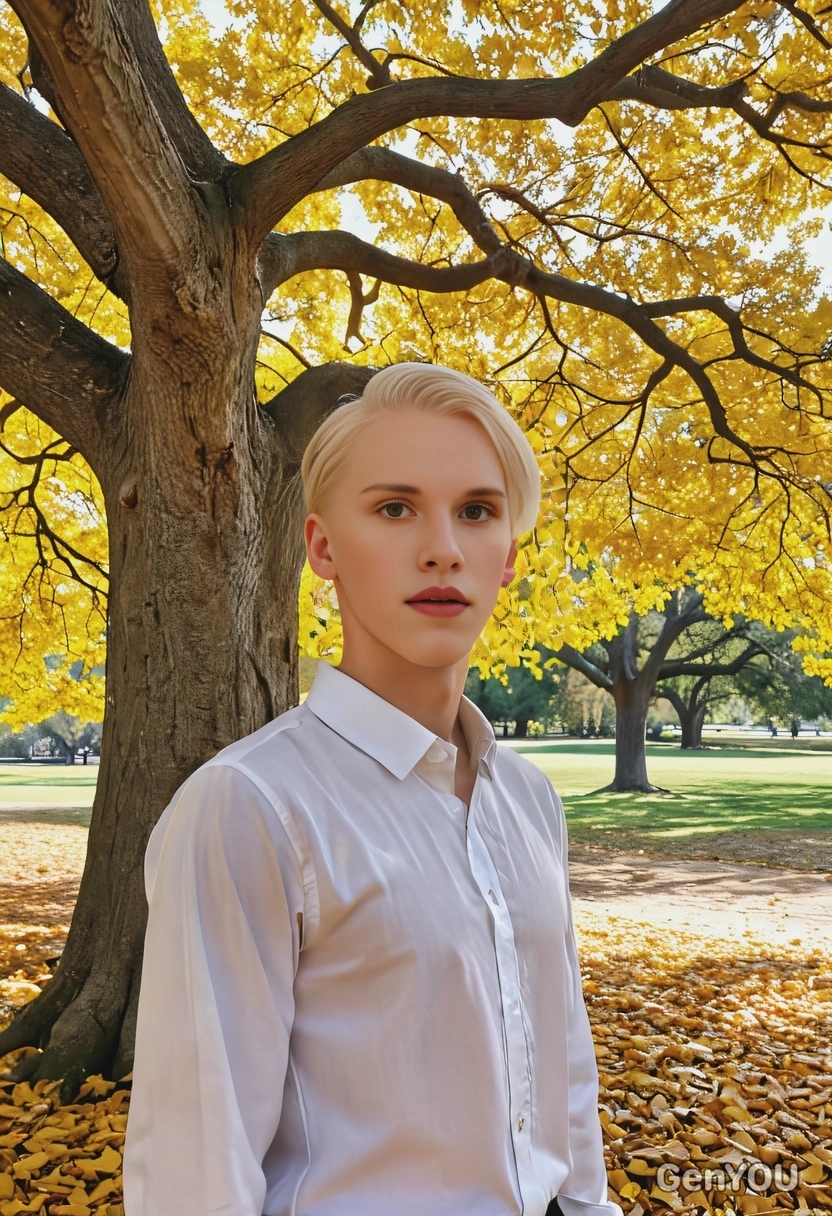 standing under a large oak tree, with golden leaves swirling around