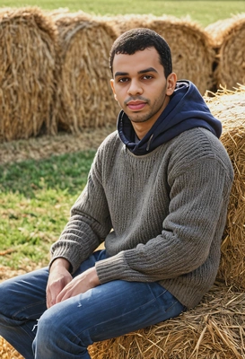 sitting on a hay bale, fall background