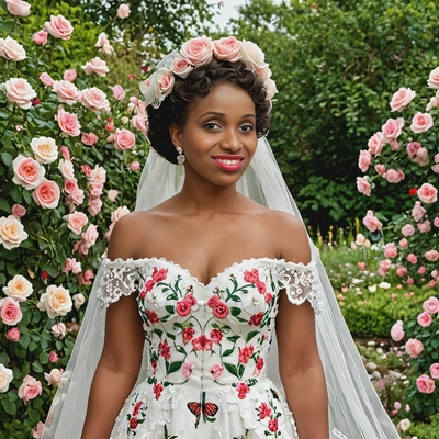Bride in floral embroidered gown amidst blooming roses and butterflies