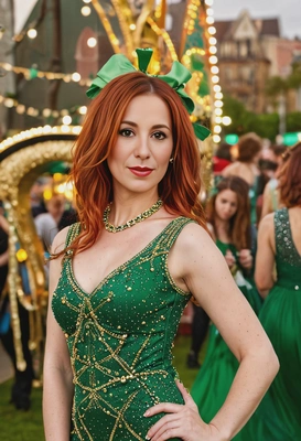 sharp high-quality, full-body photo, fizzy red hair, in a green dress with gold rhinestones, blurred ST Patrick's Day carnival background, golden hour