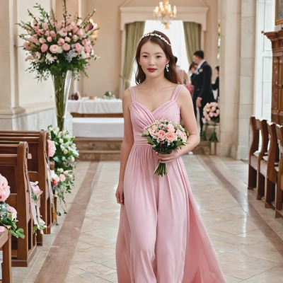 as a bridesmaid in a floor-length pastel pink dress, with matching accessories and a bouquet, walking down a picturesque aisle, mid shot photo