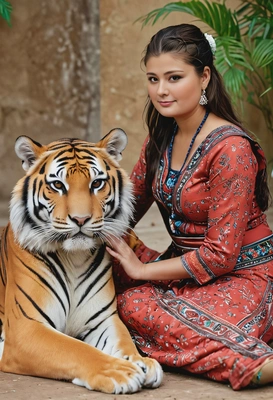 petting a tiger, sitting side by side, indian folklore, symmetrical clothes, professional shot, blurred background
