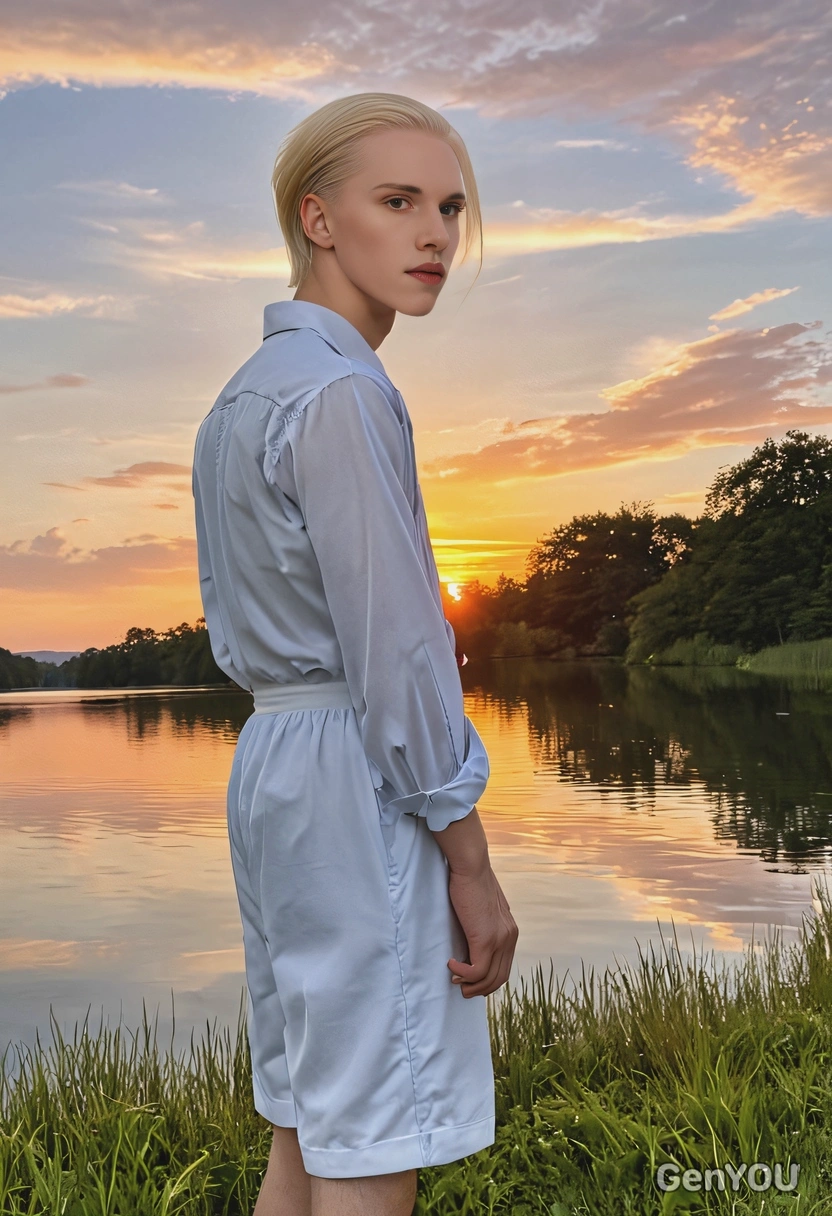 watching a romantic sunset over the lake, dressed in comfortable summer evening wear