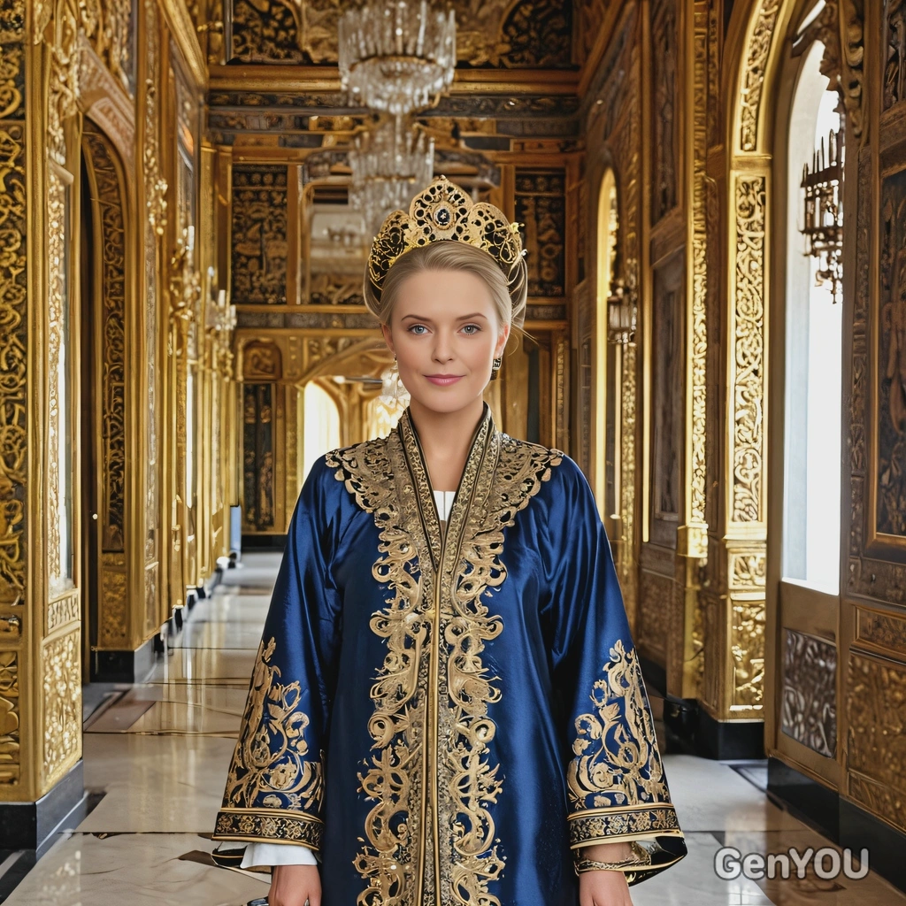 as an empress, dressed in an ornate imperial robe, standing in a grand palace corridor with gilded mirrors and intricate wall carvings