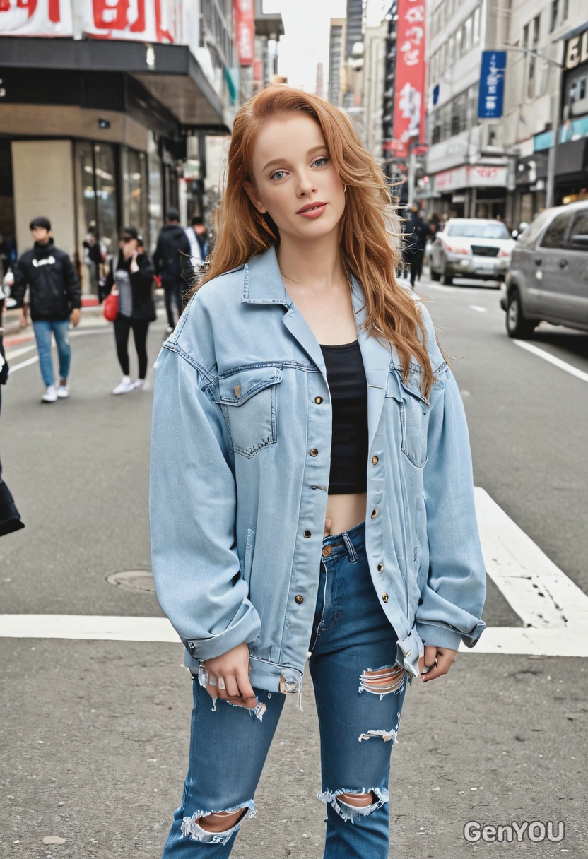 as a K-pop street fashion fan, wearing a trendy oversized jacket and ripped jeans, posing in a bustling city street 