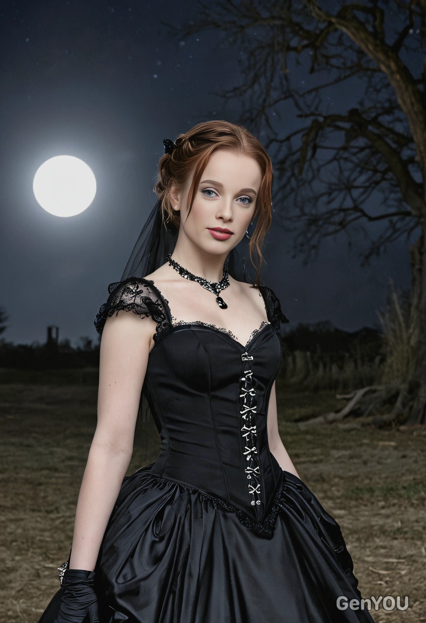 wearing a gothic, black vampiric ball gown, with the moonlight on the background