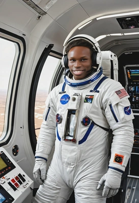 Astronaut headshot in a futuristic spacecraft