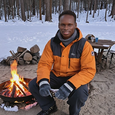 in mittens, sitting by a glowing firepit, campsite in winter 