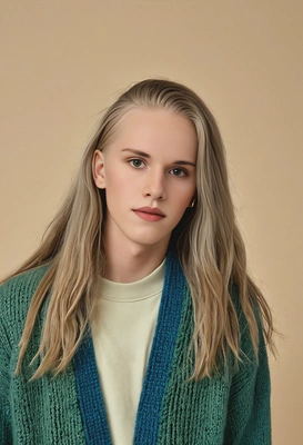 student with long flowing locks, in a chunky green knit cardigan over a beige tee, with a soft smile, mid-shot photo, blue yearbook background
