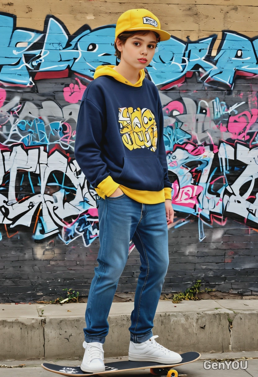 as a skateboarder, yellow sweatshirt, blue jeans, perky hair, a backward cap, graffiti walls, on a skateboard, city, symmetrical clothing details, cartoon style, high-quality stylized art