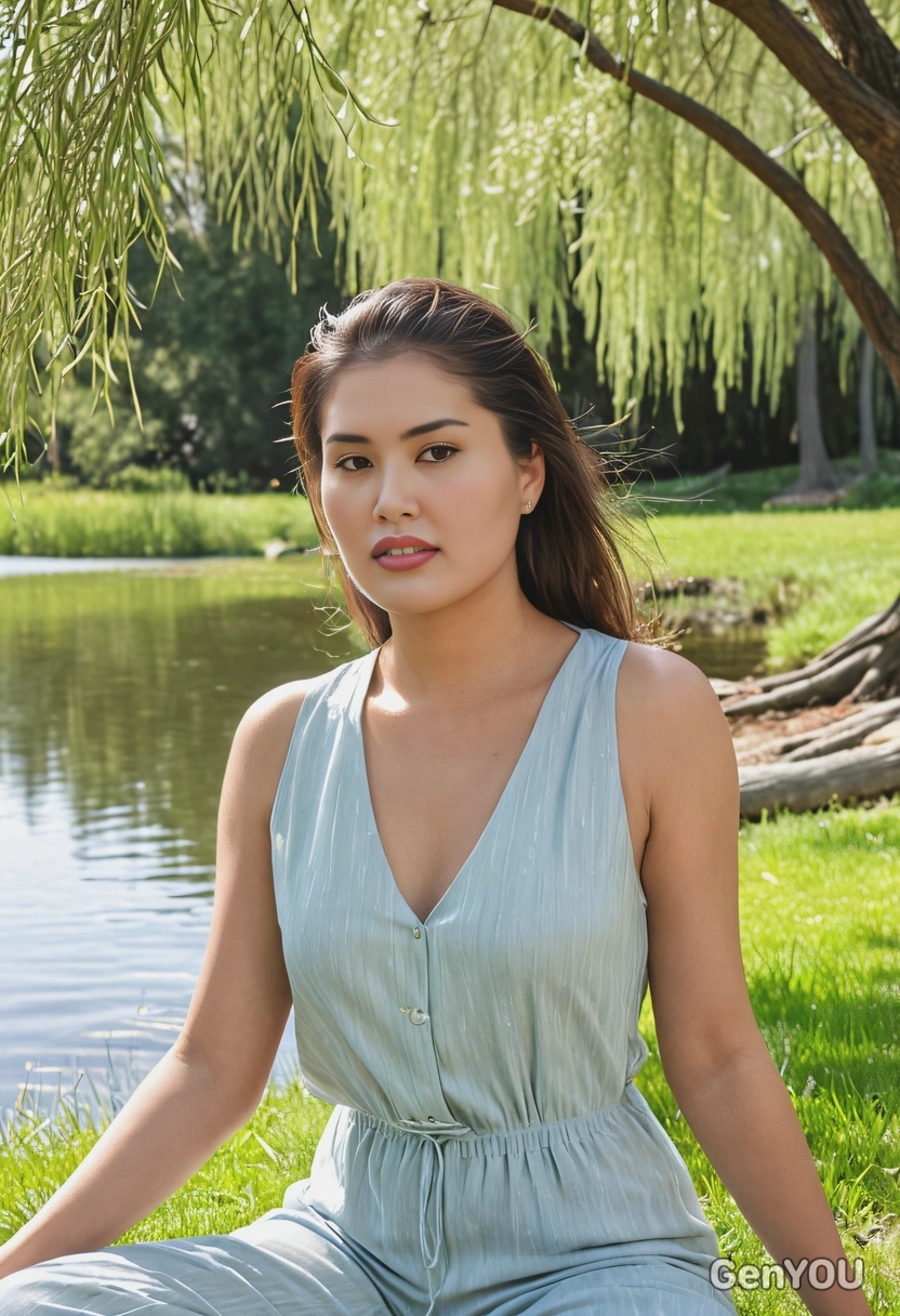 in a light pastel jumpsuit, sitting on the grass by a calm lake with willow trees in the background, the breeze gently moving the water, half body portrait 