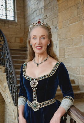 wearing a Renaissance-era velvet gown with a jeweled crown, standing beside a grand stone staircase in a castle, half body portrait 