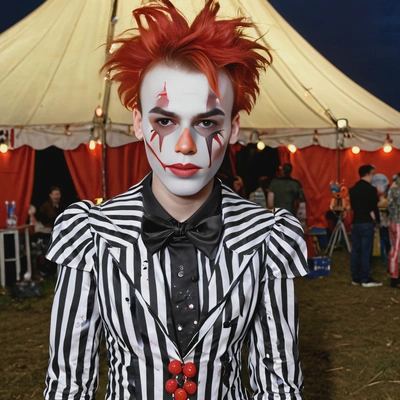 wearing a spooky clown costume with exaggerated makeup, standing near a broken-down circus tent with flickering lights