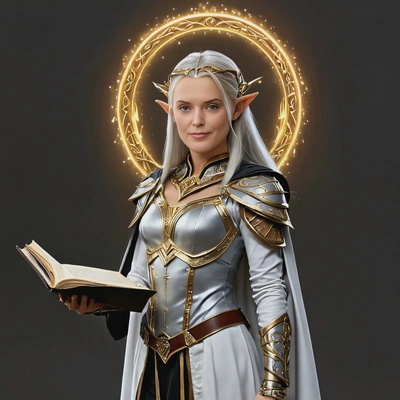 Wearing a golden circlet and a silver cape, pose as a high elf mage, standing  with glowing magical tomes and ancient scrolls