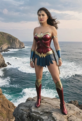Wonder Woman standing on a cliff, watching over the ocean