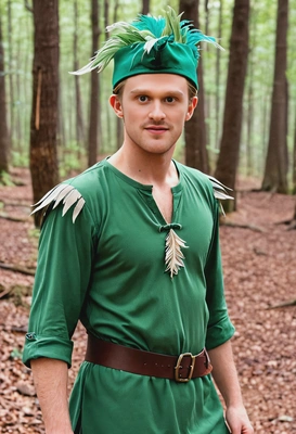As Peter Pan, dressed in a green tunic and hat with a feather, standing at the forest