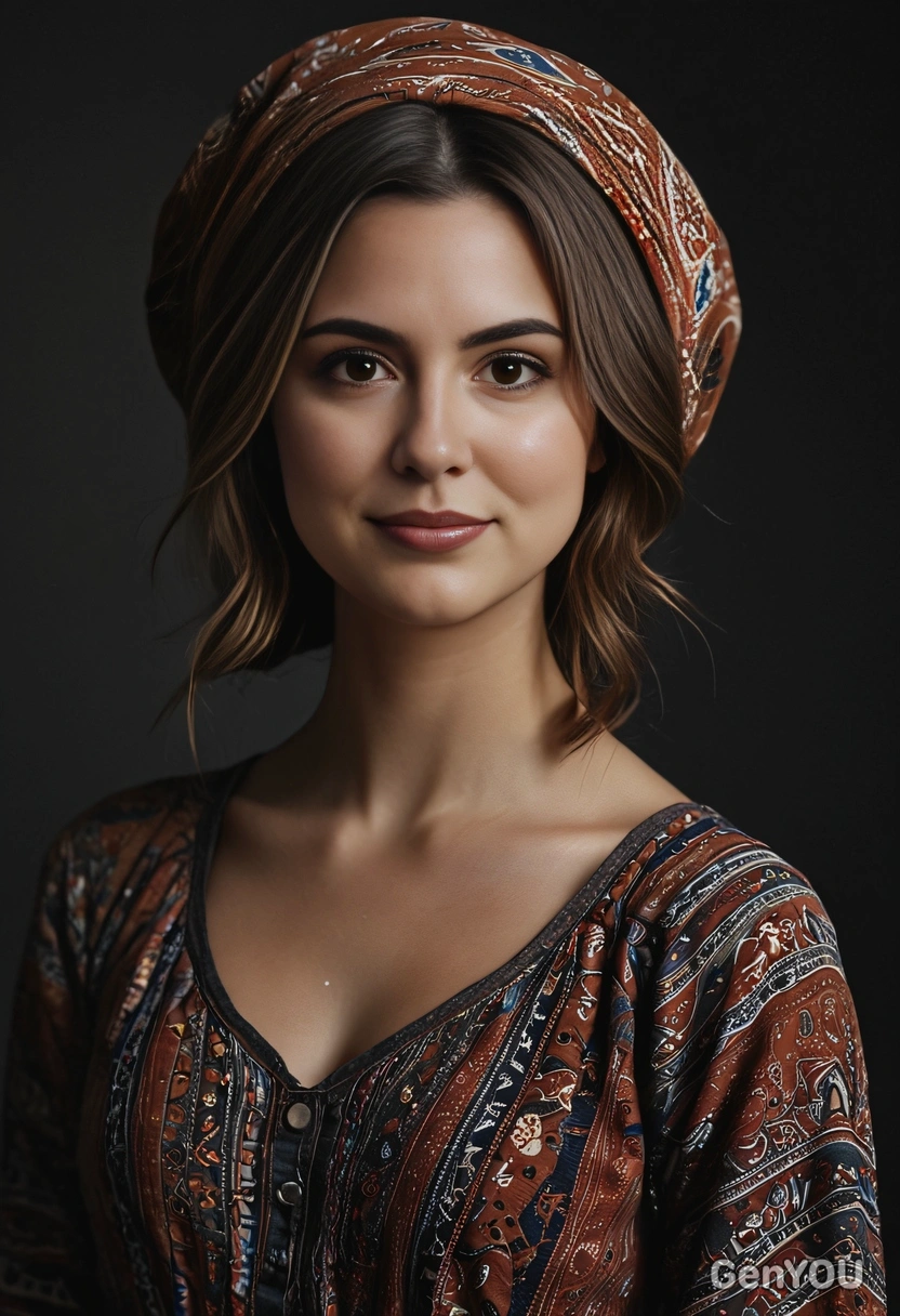 "Realistic portrait of the girl in the uploaded image, in boho-chic outfit, dark room with subtle lighting, same facial features and pose."