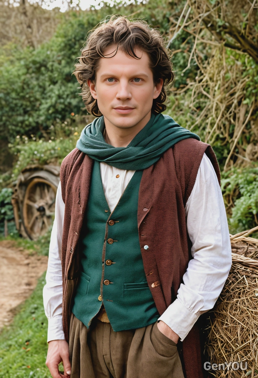 as Frodo Baggins from The Lord of the Rings, in rustic clothes, in the Shire 