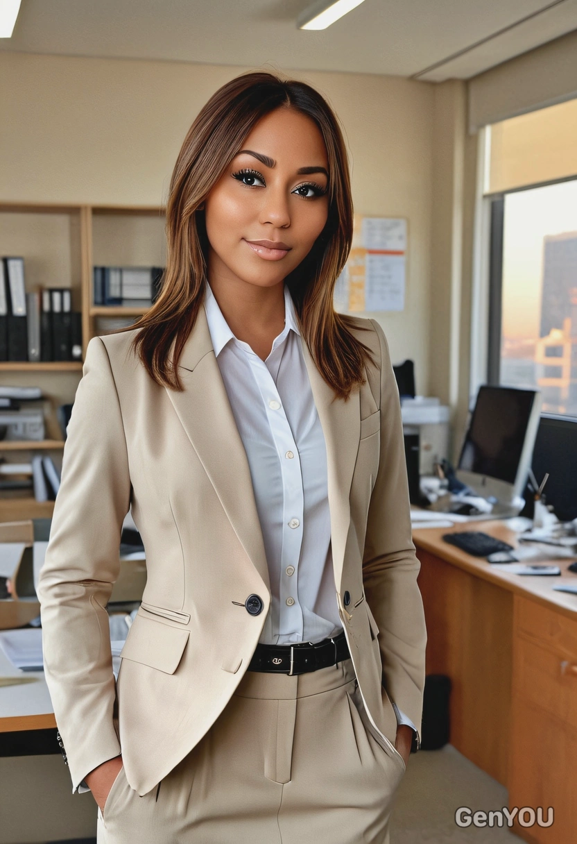 sharp high-quality full-body photo, freckles, bold layered cut with sideswept bangs, beige office dress-code suit,  cool standing, hands in the pockets, blurry office background, sunrise lighting