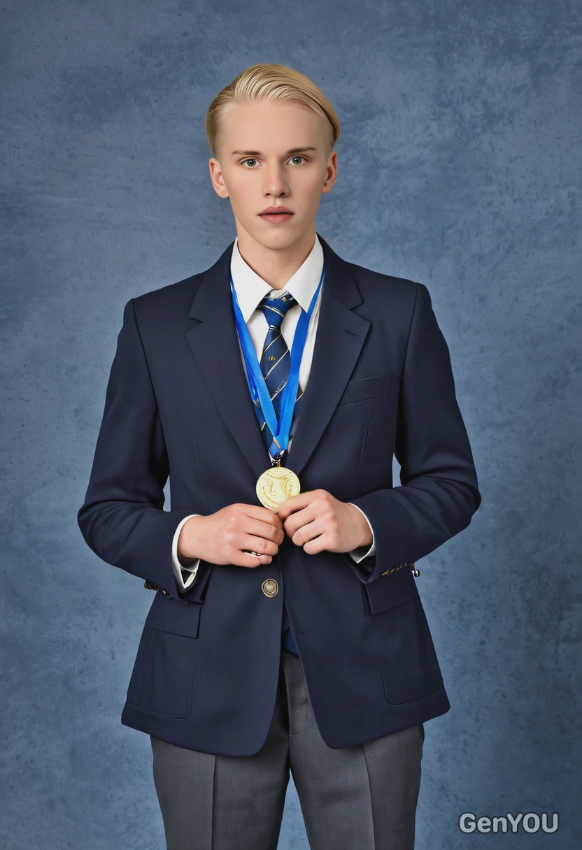 as a 90s debater with a confident stance, wearing a formal blazer and a debate medal, against a classic blue yearbook background